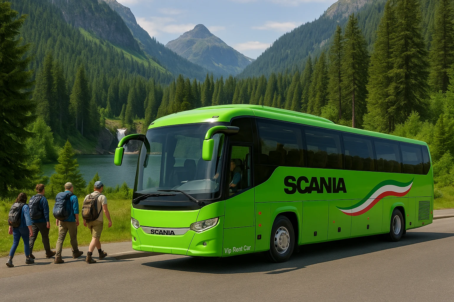 «رِنت اتوبوس اسکانیا در طبیعت جنگلی ایران . وی‌آی‌پی رنت کار»
