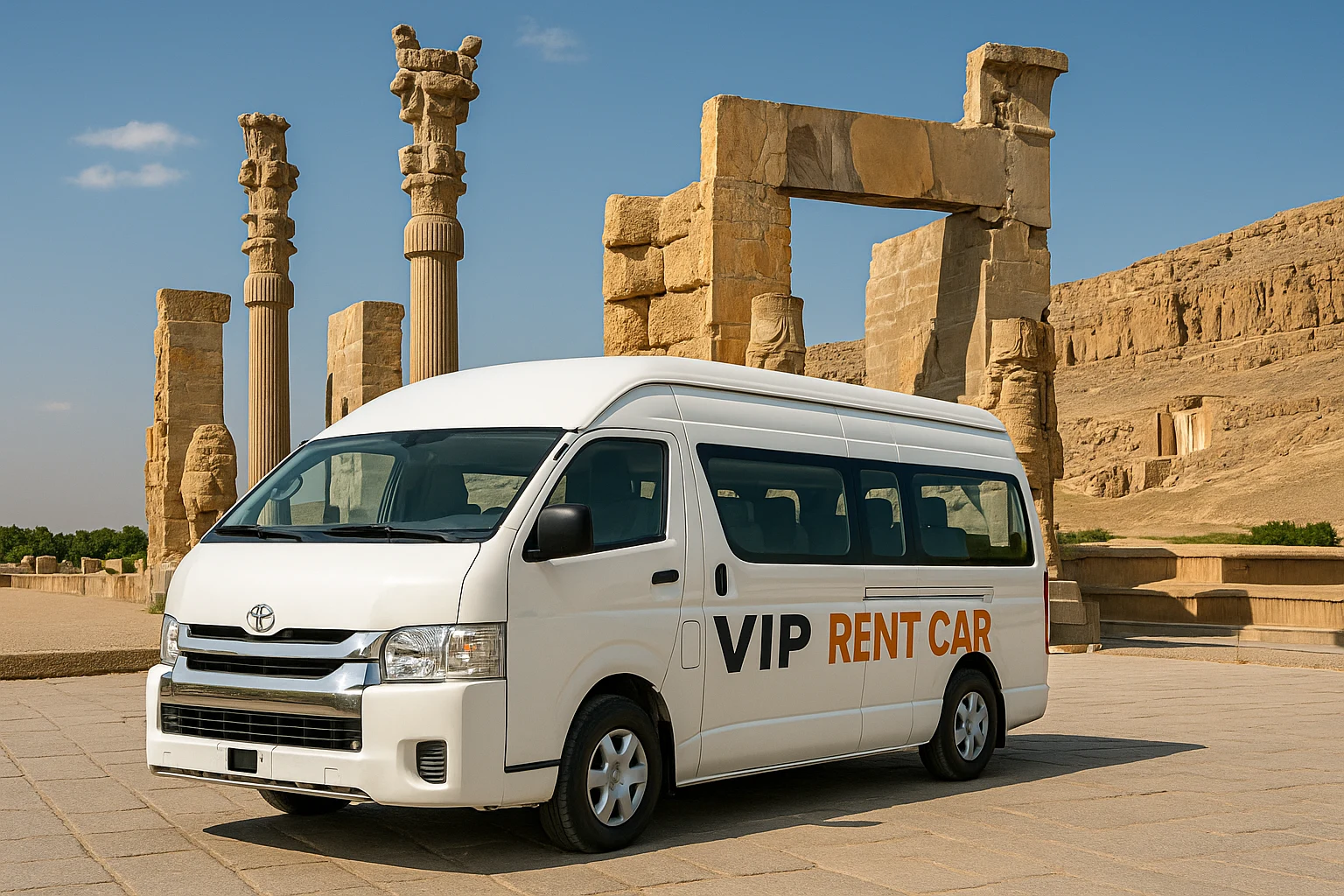 ون تویوتا هایس سفید جلوی تخت جمشید شیرازwebp