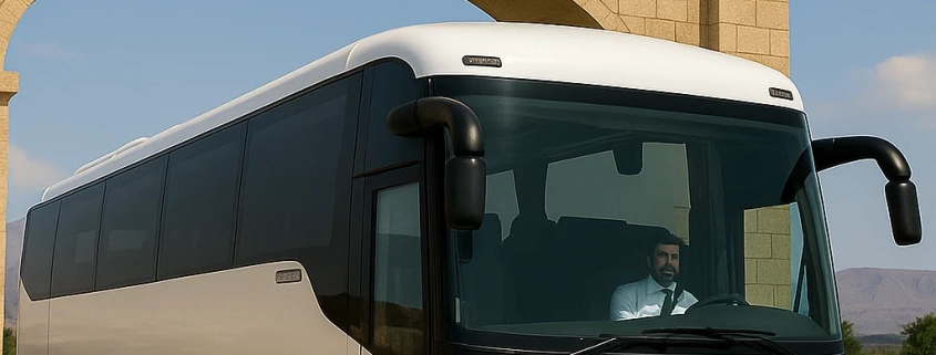 اجاره اتوبوس در شهرکرد کنار ورودی شهر — اسکانیا سفید .کرایه تشریفاتی