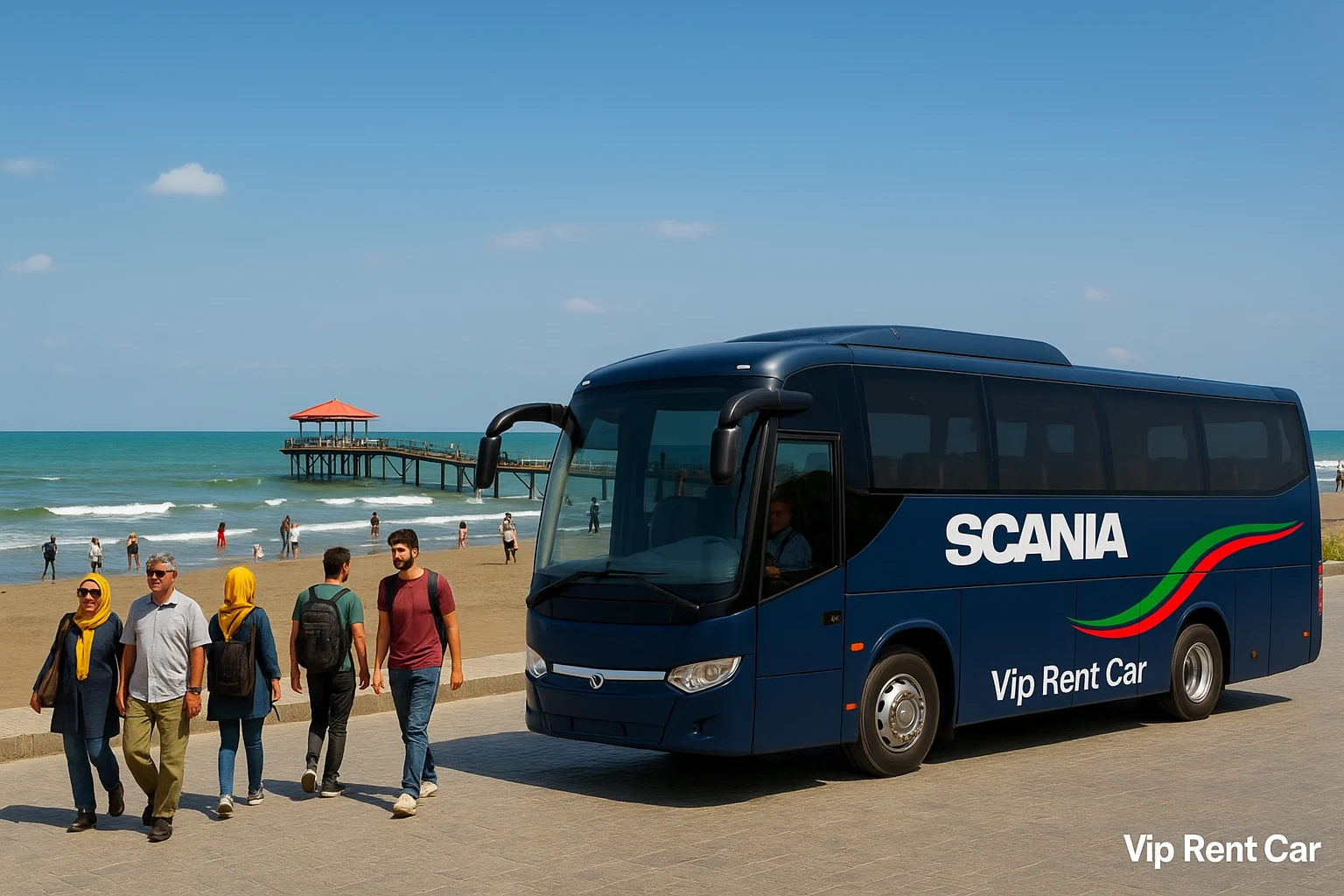 «رِنت اتوبوس Scania ساحل و اسکله ساری . وی‌آی‌پی رنت کار»