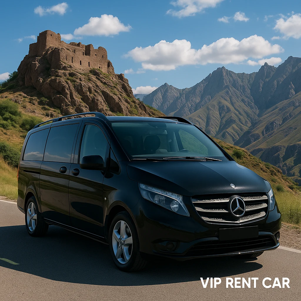 مرسدس ویتو در کنار قلعه الموت و مناظر کوهستانی قزوین