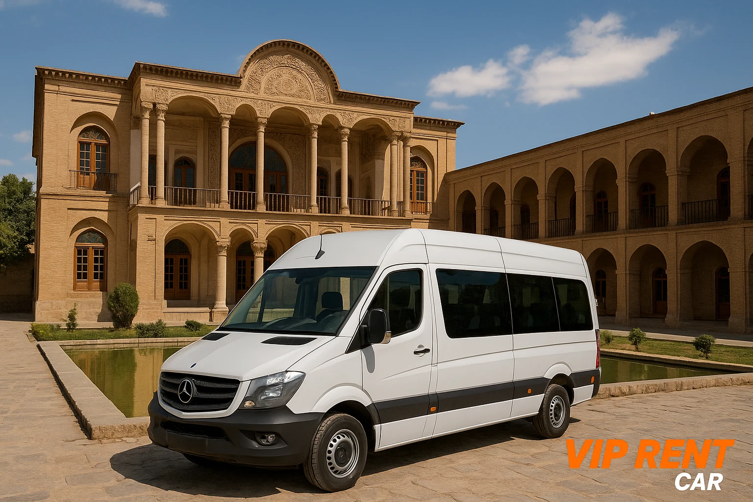 ون مرسدس اسپرینتر سفید جلوی عمارت تاریخی خسروآباد سنندج