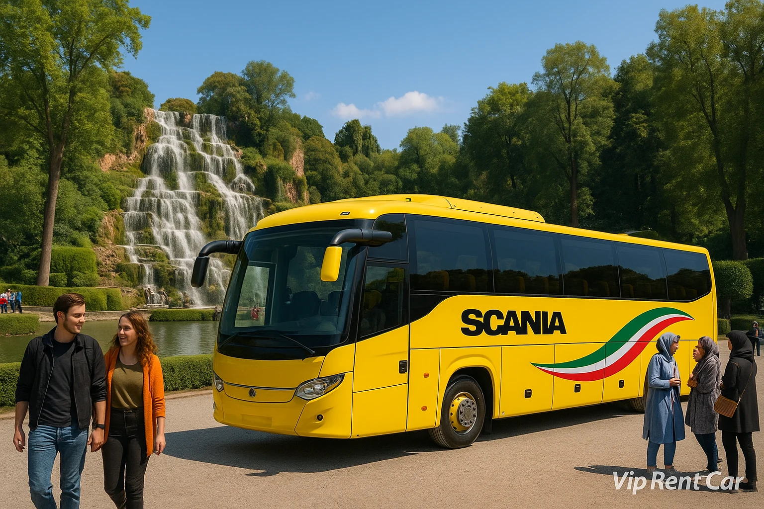 «کرایه اتوبوس Scania کنار آبشار و طبیعت ساری . وی‌آی‌پی رنت کار»