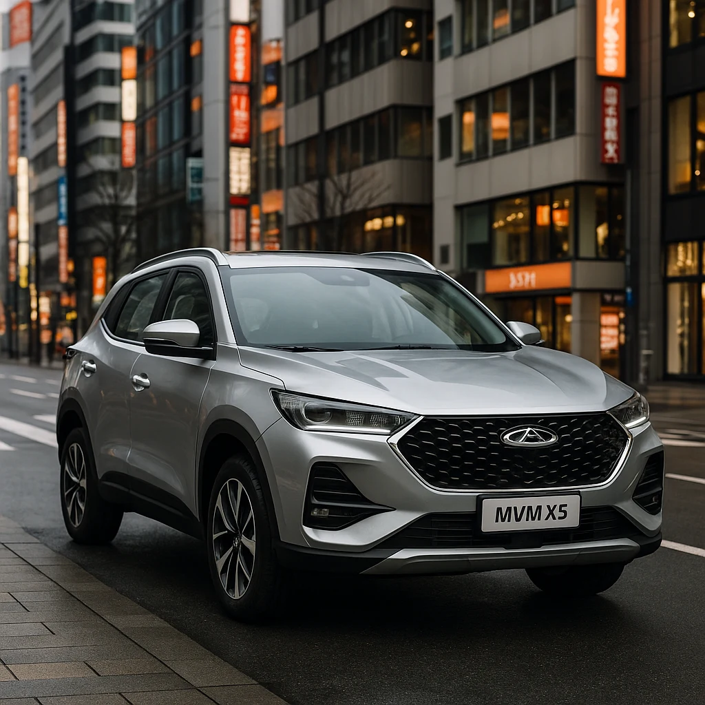 ام‌وی‌ام X5 نقره‌ای متالیک در خیابان‌های مدرن ژاپن با پس‌زمینه تابلوهای نئونی