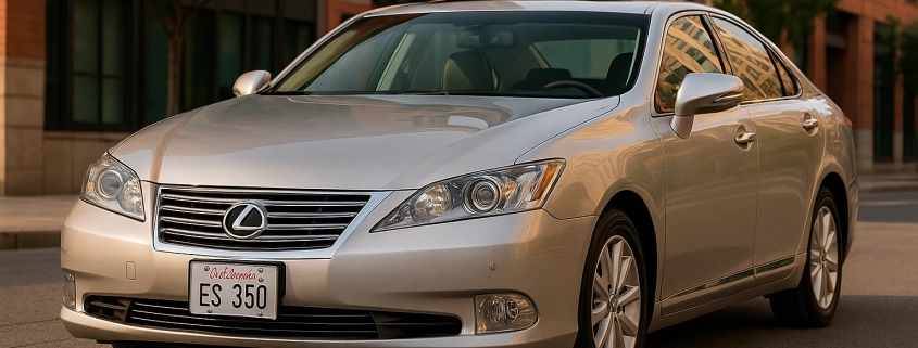 لکسوس ES350 مدل 2011 مشکی متالیک در جاده جنگلی با طراحی اسپرت و چراغ‌های باریک