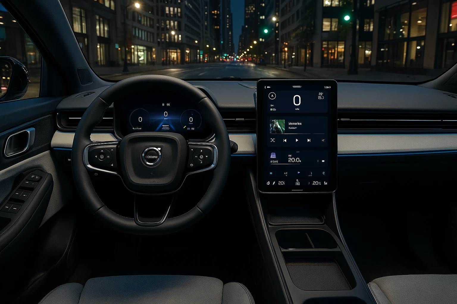 نمای داخلی ولوو EX30 با نمایشگر لمسی بزرگ و فرمان مینیمال در کابین مدرن