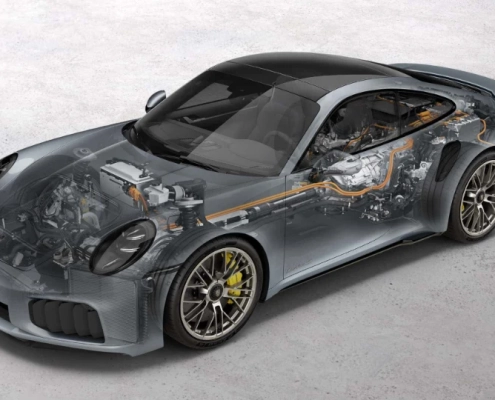 نمای شفاف از ساختار فنی پورشه ۹۱۱ توربو S ۲۰۲۶ با نمایش سیستم هیبرید و پیشرانه
