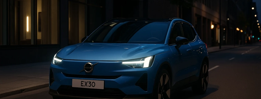 ولوو EX30 آبی متالیک برقی با طراحی مدرن در خیابان شهری شبانه