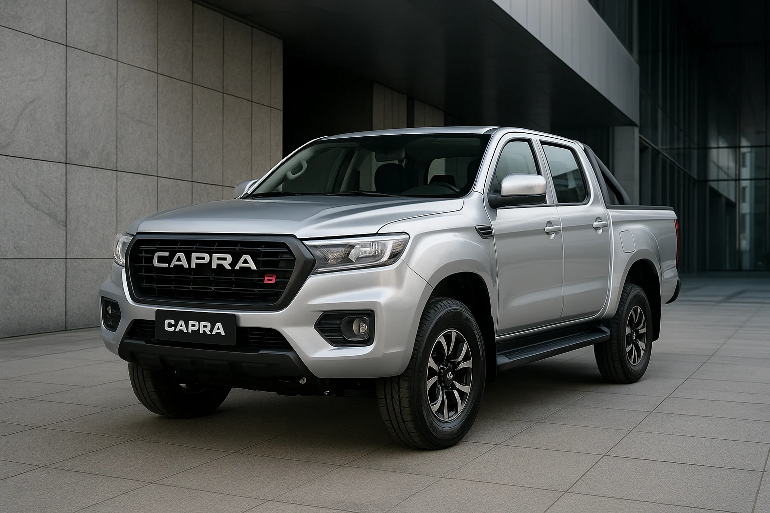 پیکاپ کاپرا U بهمن موتور نقره‌ای با طراحی مدرن در خیابان شهری