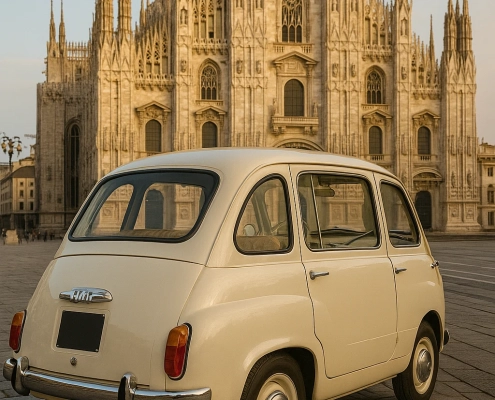 فیات ۶۰۰ مالتی‌پلا کرمی — نمای جانبی مقابل کلیسای جامع میلان (دوومو)