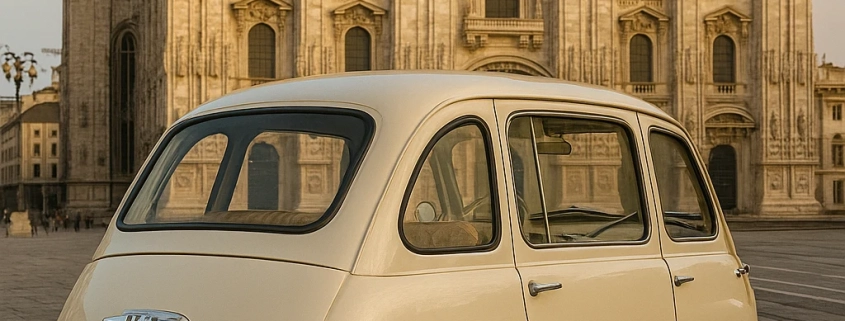 فیات ۶۰۰ مالتی‌پلا کرمی — نمای جانبی مقابل کلیسای جامع میلان (دوومو)