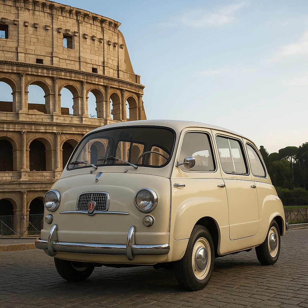 فیات ۶۰۰ مالتی‌پلا کرمی — نمای جلو مقابل کولوسئوم رم