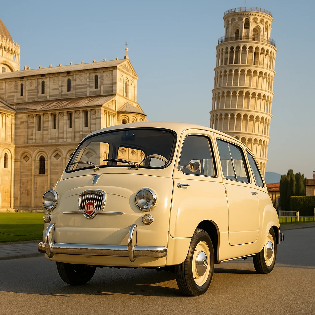 فیات ۶۰۰ مالتی‌پلا کرمی — نمای سه‌رخ مقابل برج کج پیزا