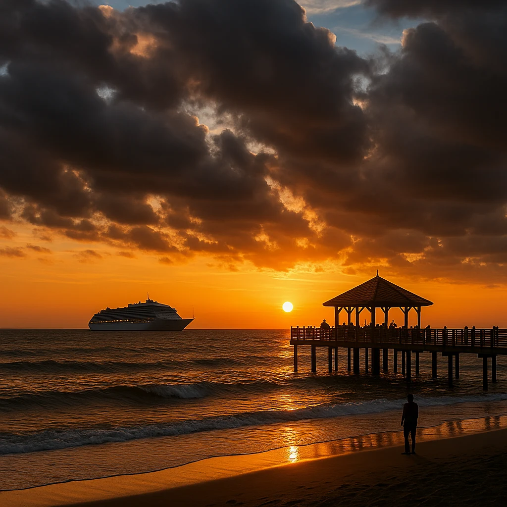 «غروب دریای خزر با اسکله چوبی و آسمان ابری»