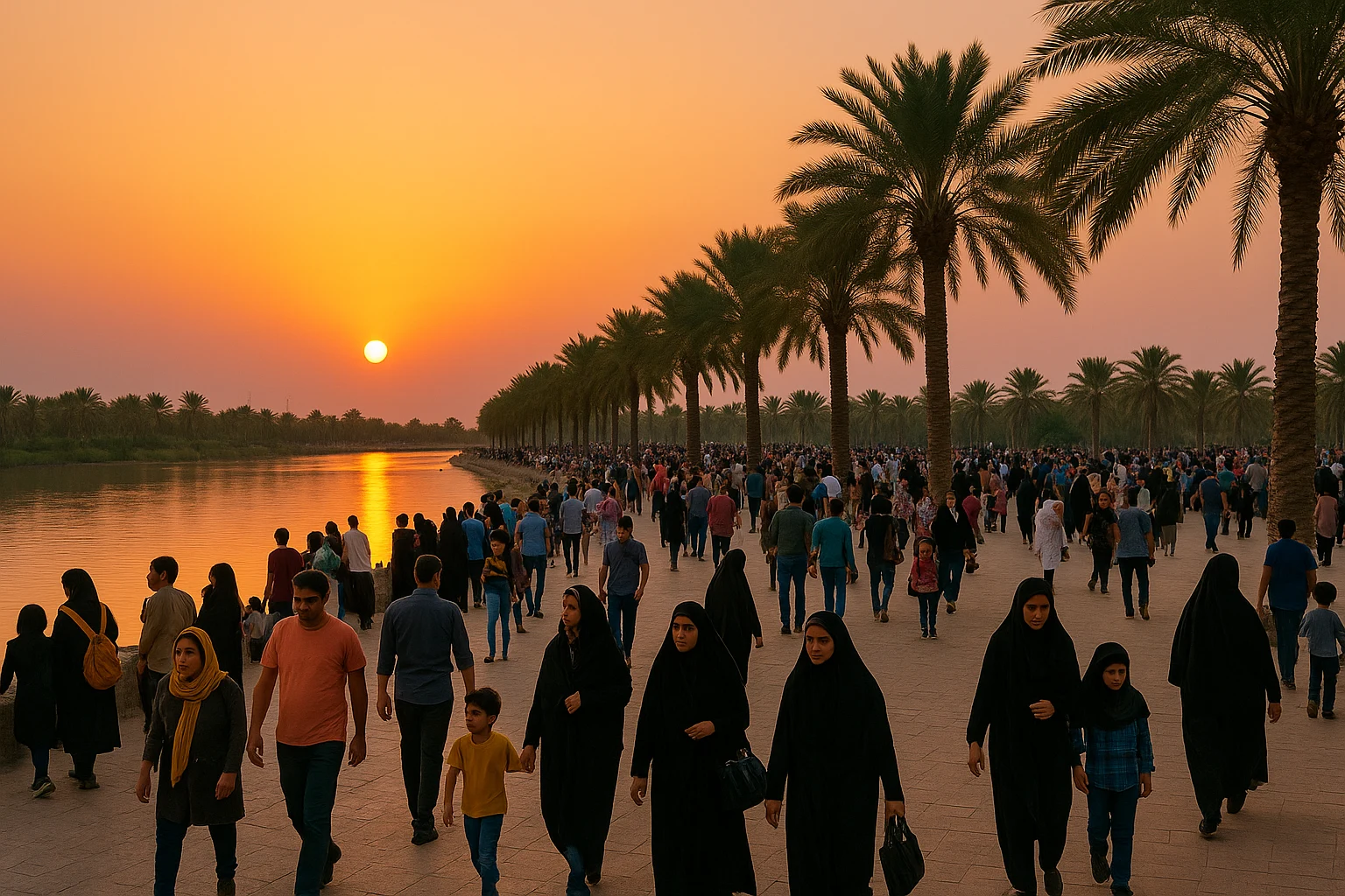 «غروب ساحل آبادان با نخلستان و مسافران .وی‌آی‌پی رنت کار»