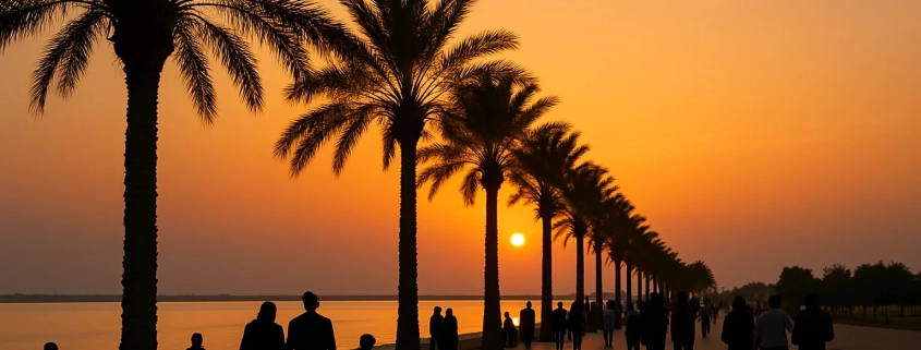 «غروب ساحل نخلستانی ایران، پیاده‌روی مردم . وی‌آی‌پی رنت کار»