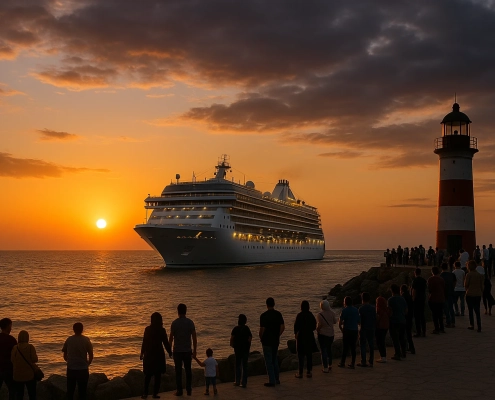 « ورود کشتی کروز به دریای خزر در غروب»